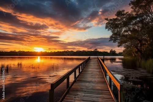 A wooden walkway leading to a sunset over a marsh. AI © Creative_studio
