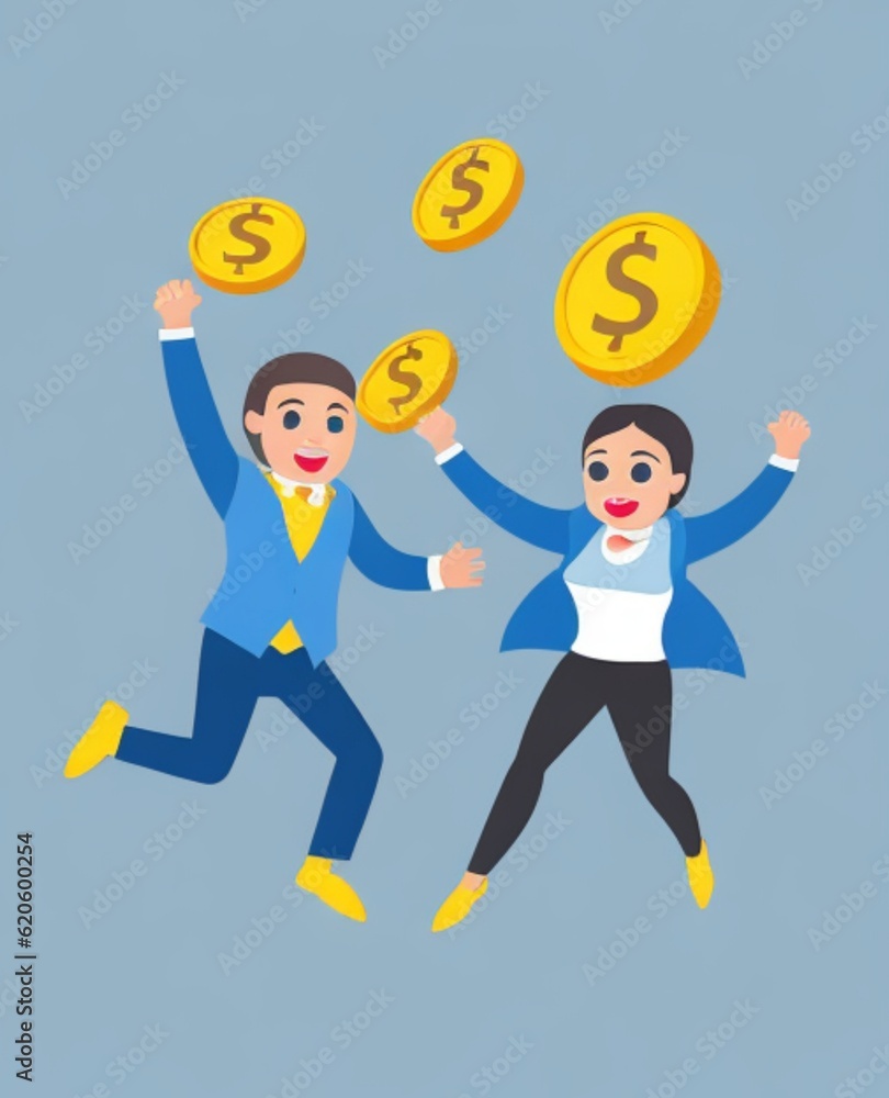 Ai generative Businessman and businesswoman jumping on a stack of gold coins. Vector illustration.