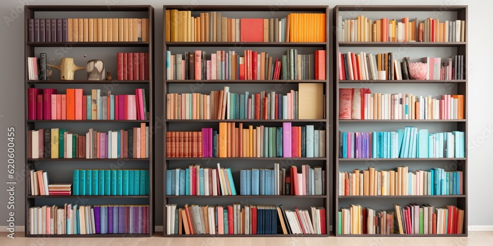 Home library shelf with colorful books, concept of Education, created with Generative AI technology Home library shelf with colorful books, concept of Education, created with Generative AI technology