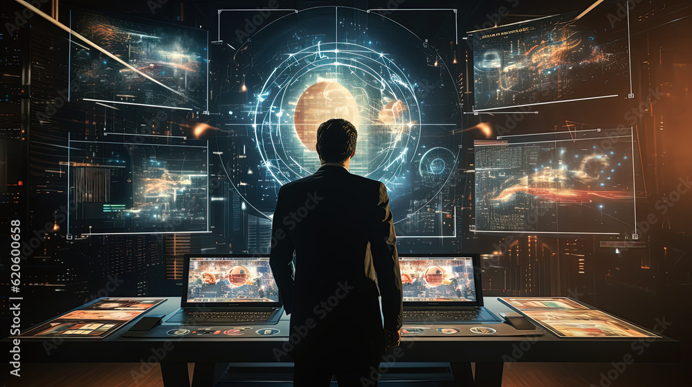 Businessman and internet network connection, economic development, business deal, marketing planning, digital marketing plan working on a huge screen full of HUD intarface design elements Businessman and internet network connection, economic development, business deal, marketing planning, digital marketing plan working on a huge screen full of HUD intarface design elements