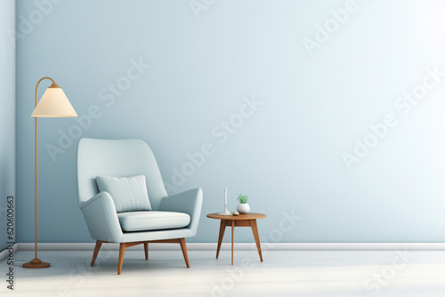 Minimalist light color interior with a blue armchair and lamp. AI generated