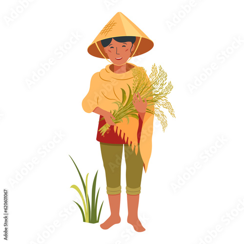 Asian farmer growing rice. Vietnamese woman in a hat with bunch of ears. Agricultural worker