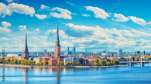 Captivating Riga Skyline - A Panoramic Landscape View of Latvia's Iconic Cityscape with Architectural Wonders and Skyscrapers. Generative AI
