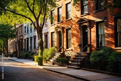 Charming Brownstone Buildings in Greenwich Village - Peaceful Neighborhood Street with Row Houses, Condos, and Apartments for Real Estate. Generative AI