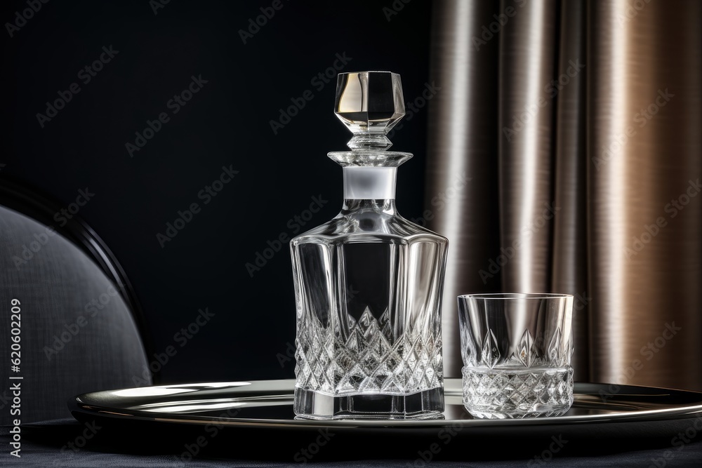 Illustration of a tray with a bottle and two glasses, created using generative AI Illustration of a tray with a bottle and two glasses, created using generative AI