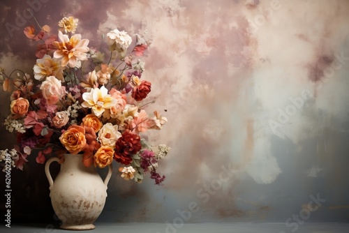 A vase filled with lots of flowers next to a wall. AI