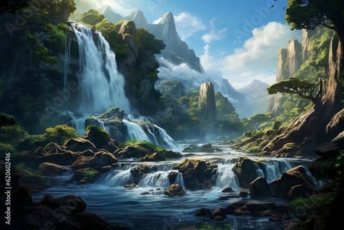A breathtaking waterfall surrounded by lush greenery in a serene forest setting. AI