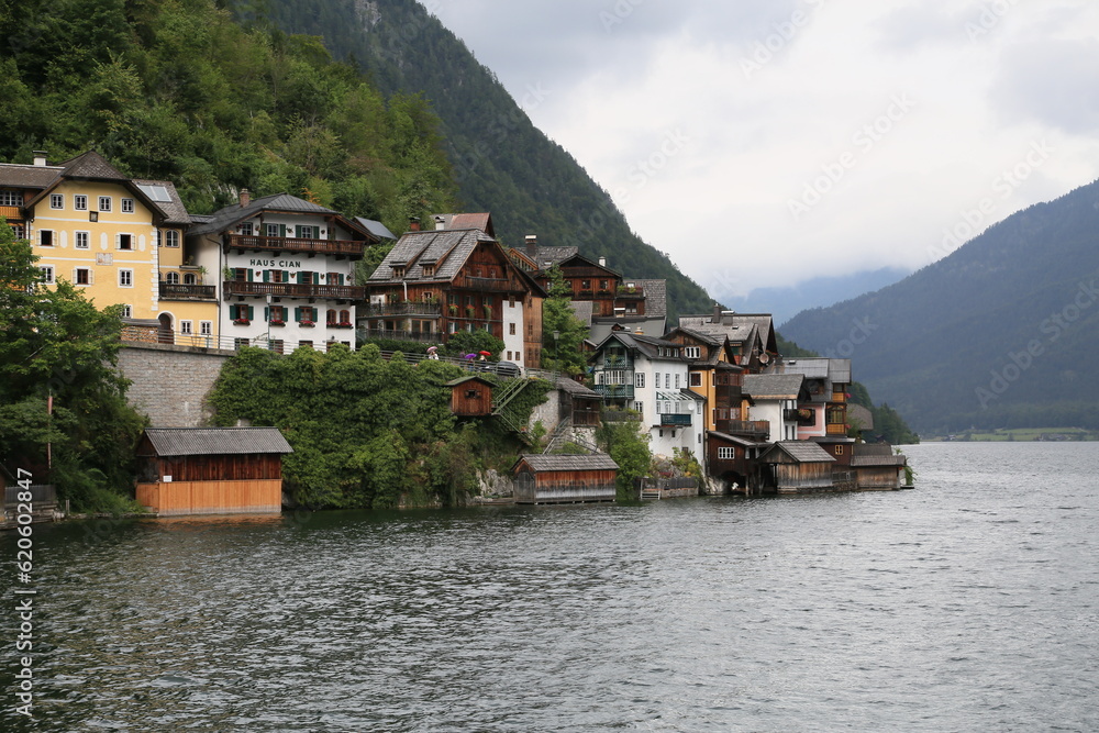 A row of wooden houses on a mountain side, Austria