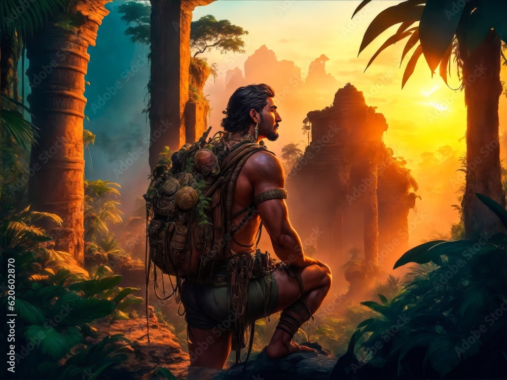 An Explorer in Front of an Ancient Abandoned City in a Deep Jungle Forest.