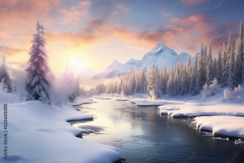 Illustration of snow-covered trees and a river created using generative AI