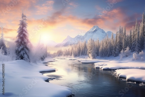 Illustration of snow-covered trees and a river created using generative AI © Marius
