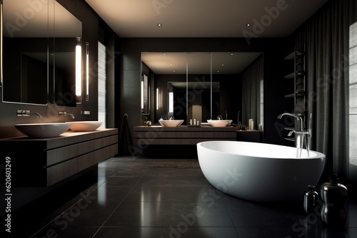 Illustration of a modern bathroom with a spacious white bathtub and double sinks, created using generative AI