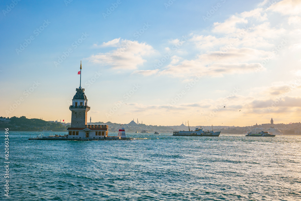 Istanbul landmarks. Kiz Kulesi or Maiden's Tower at sunset