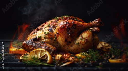 Roast chicken with rosemary and spices on a black background