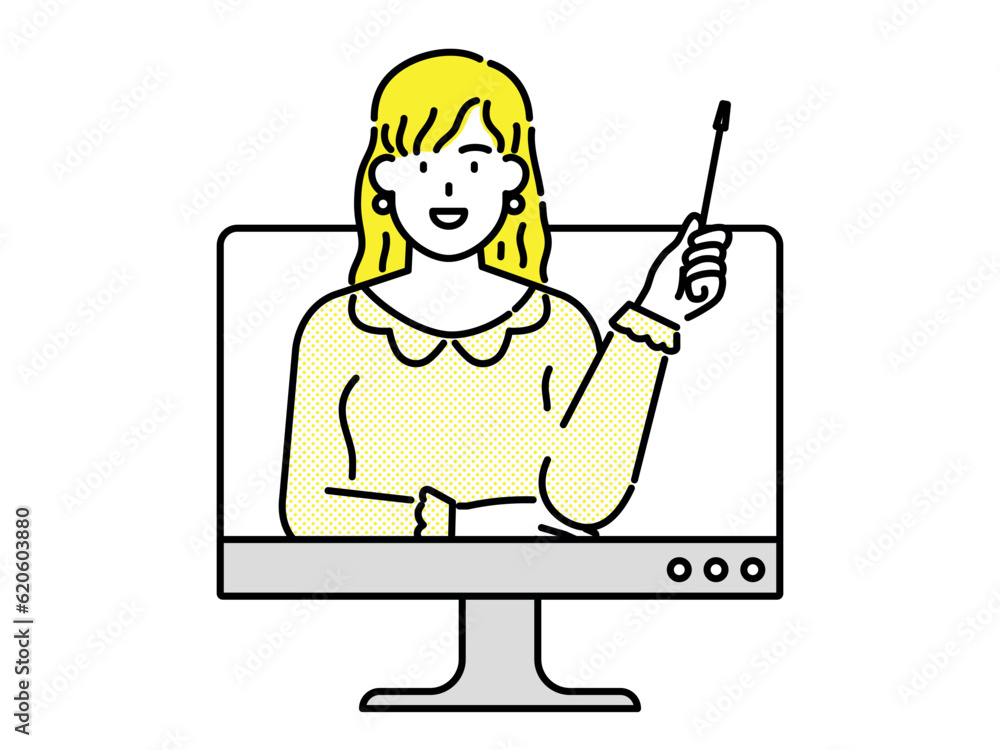 Business woman with yellow hair and yellow clothes presenting with a blank laptop monitor, Business woman with yellow hair and yellow clothes presenting with a blank laptop monitor,