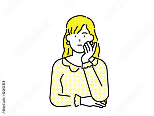 Woman with yellow clothes and yellow hair looking worried and troubled