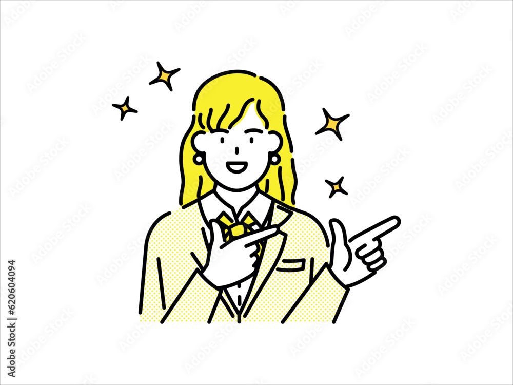 Business woman smiling with her hand raised and finger pointing side Business woman smiling with her hand raised and finger pointing side