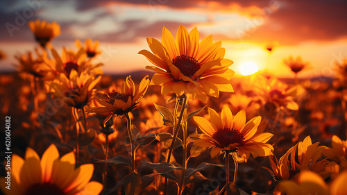 Sunflower field at sunset. Beautiful landscape with sunflowers.generative ai © Aghavni