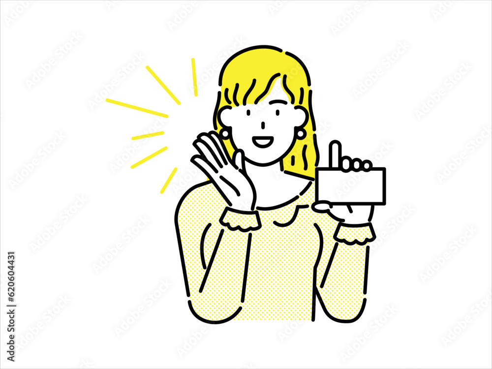Clipart of a woman in yellow clothes and yellow hair holding a yellow blank advertising banner card. Clipart of a woman in yellow clothes and yellow hair holding a yellow blank advertising banner card.