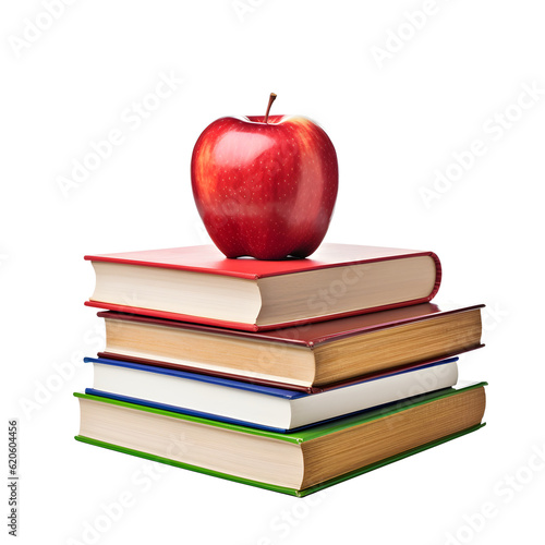 Elementary Book Stack with Apple - Isolated on White Background - Student life concept