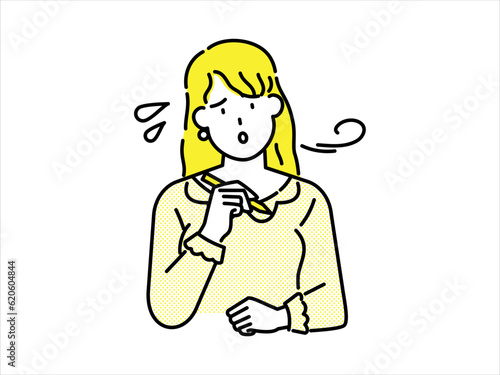 Woman with yellow clothes and yellow hair looking worried and troubled