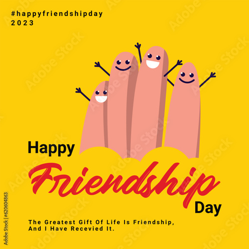 Friendship Day greeting card, happy holiday of amity. Three rubber bracelets for best friends: yellow, pink and turquoise. Silicone wristbands and inscription of congratulations. Vector illustration