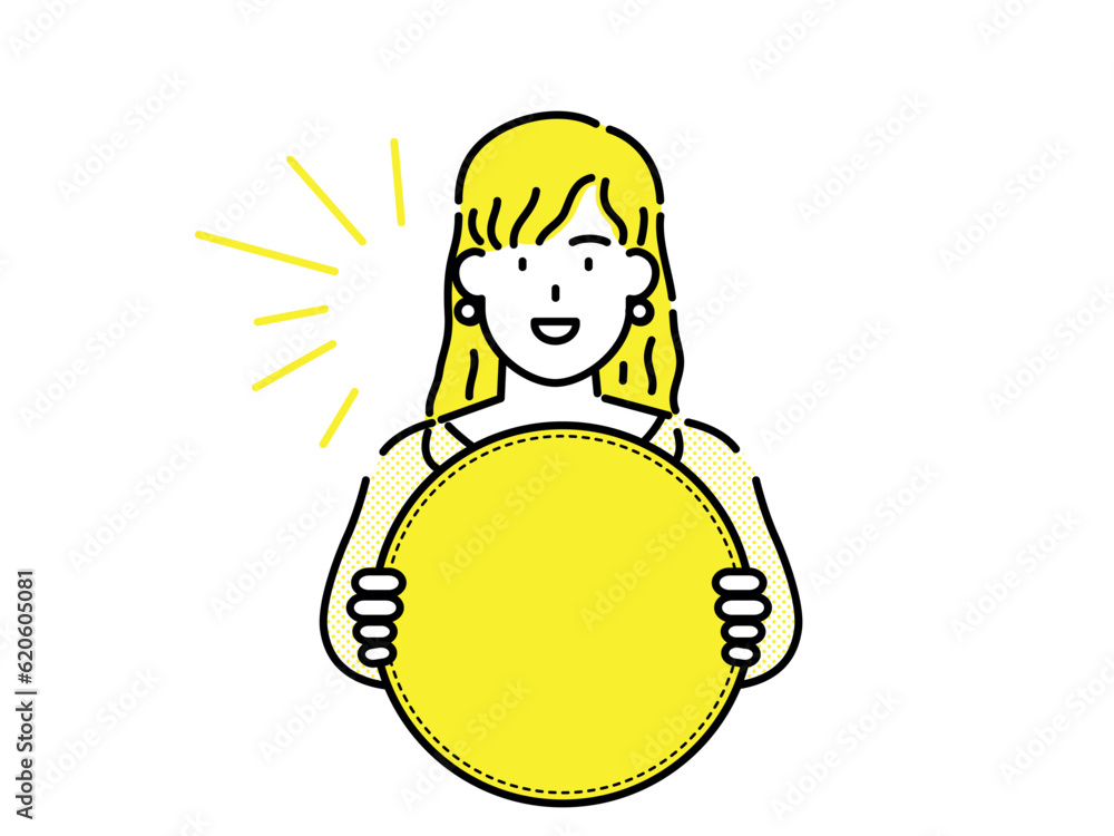 Clipart of a woman in yellow clothes and yellow hair holding a yellow blank advertising banner card. Clipart of a woman in yellow clothes and yellow hair holding a yellow blank advertising banner card.