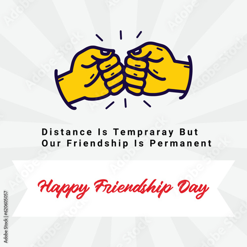 Friendship Day greeting card, happy holiday of amity. Three rubber bracelets for best friends: yellow, pink and turquoise. Silicone wristbands and inscription of congratulations. Vector illustration