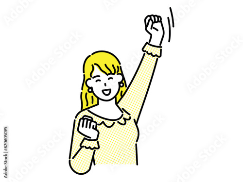 Female character in a positive pose with arms raised in joy.
