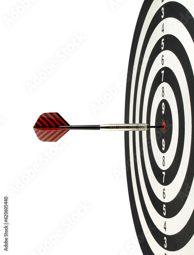 red stripes silver dart arrow hitting red bullseye target in black and white dartboard isolated on transparent