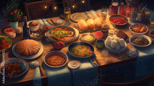 A table filled with delicious food and drinks at a holida two generative AI