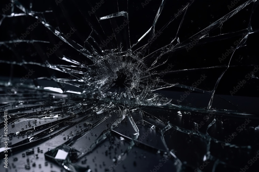 Obraz premium Fragments of Resilience: Cracks in Glass on a Black Background, Resilient Against Bullets, Cracks, Glass, Black Background, Bulletproof, Fragments, Shattered, Damage, Breakage,