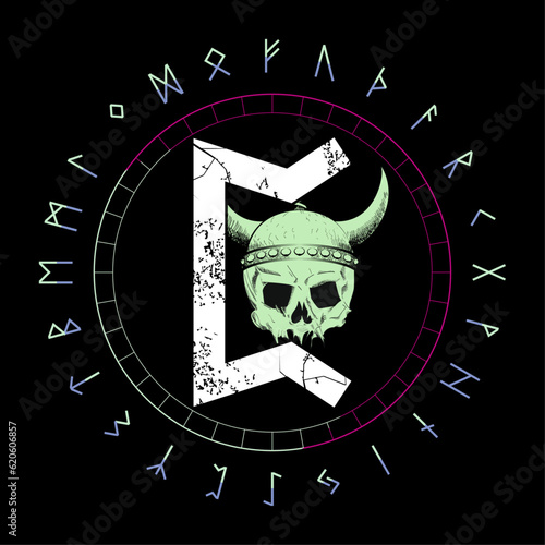Design for a t-shirt with runic lettering called Perth next to a viking skull isolated on black. Runic alphabet in circular design.