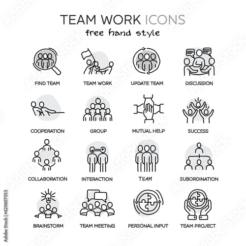 Simple Set of Team Work Related Vector Line Icons in freehand style and black and white color. Contains such Icons as Cooperation, Collaboration, Team Meeting, and more. Editable Stroke.