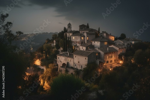Photographie Medieval fortified town in Saint Paul de Vence, France, viewed at dusk from an observation point