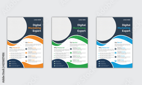 A bundle of 3 templates of different colors a4 flyer template, modern business flyer template, abstract business flyer and creative design, corporate company flyer and editable vector template design 