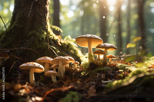 Closeup shot of growing mushrooms in the forest at daytime