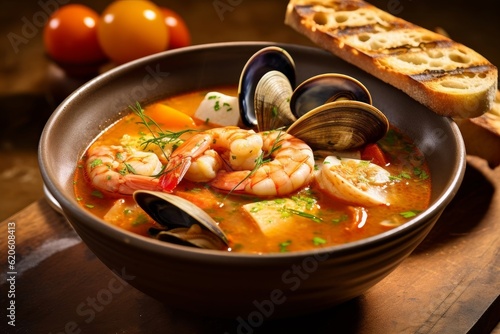 Bouillabaisse filled with fresh seafood, rich broth, and vibrant garnishes