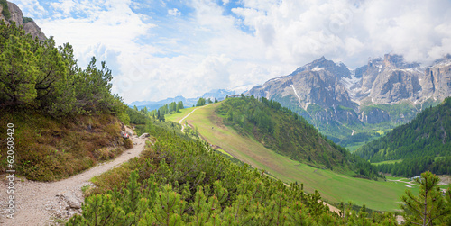 idyllic hiking trail Col Pradat, Colfosco, dolomites landscape Alta Badia south-tyrol photo