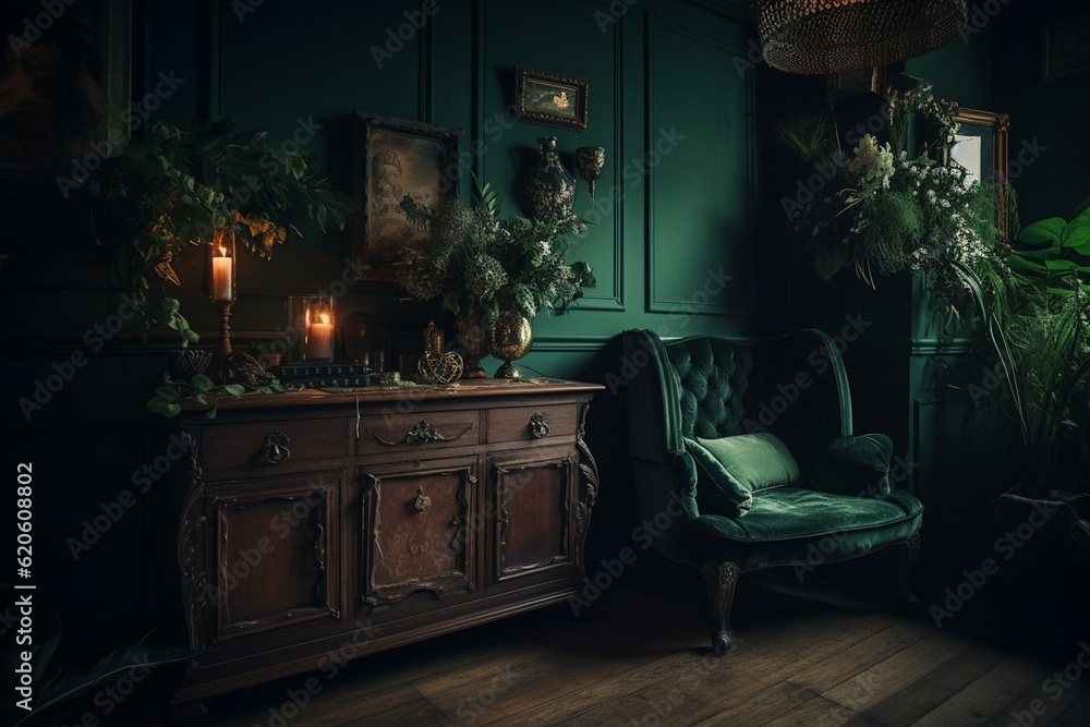 Fototapeta premium Vintage furniture in a dark green interior. Generative AI