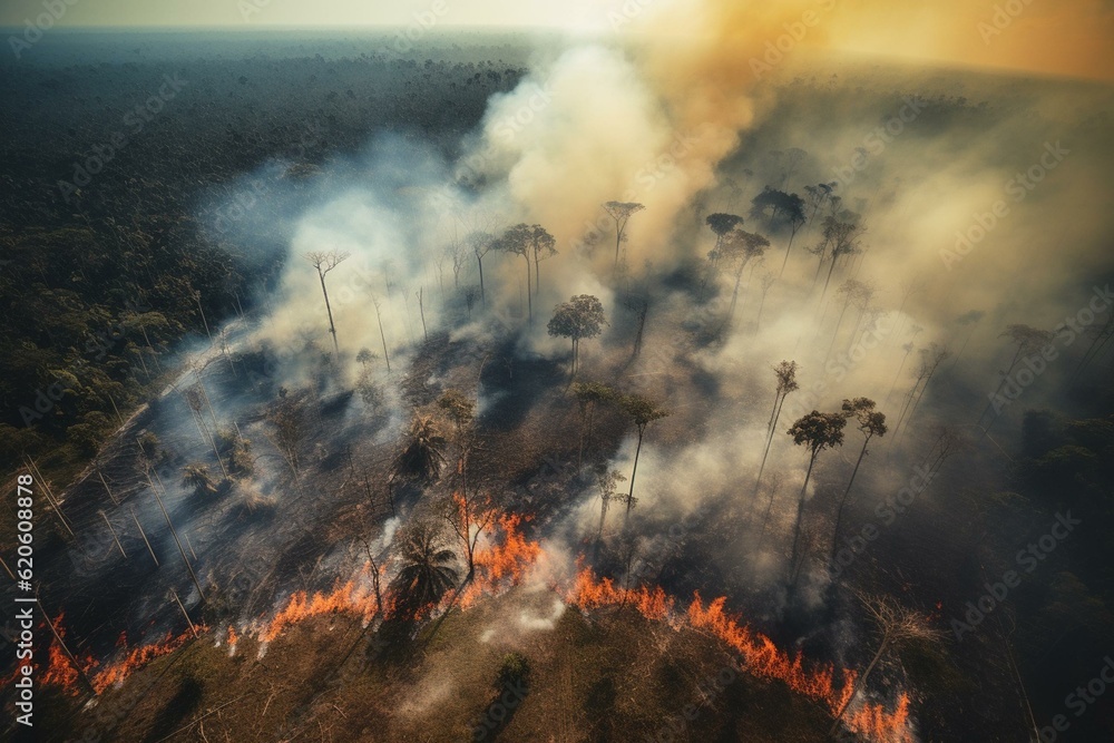 A drone captures a devastating fire burning in the Amazon rainforest due to illegal deforestation for agriculture and cattle pasture in Para, Brazil. Depicts ecology and environmental. Generative AI