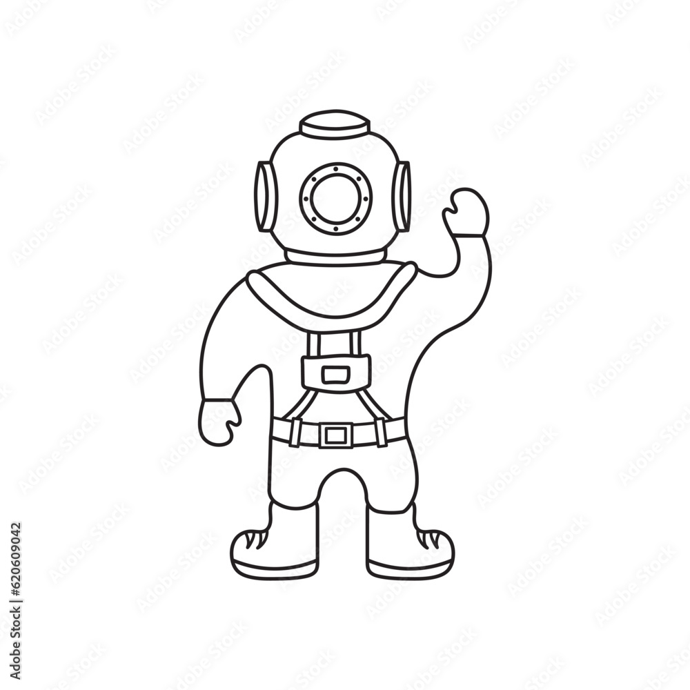 Hand drawn Kids drawing Cartoon deep ocean diver Isolated on White Background