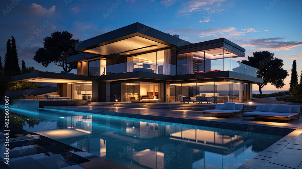 a modern luxury villa with a pool in the evening. Generative AI