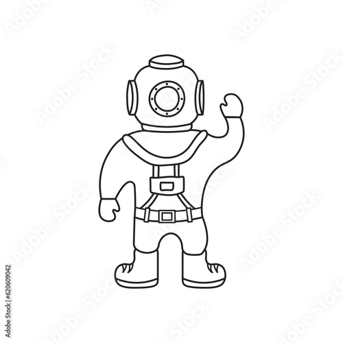 Hand drawn Kids drawing Cartoon deep ocean diver Isolated on White Background