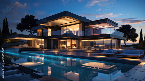 a modern luxury villa with a pool in the evening. Generative AI © jr-art
