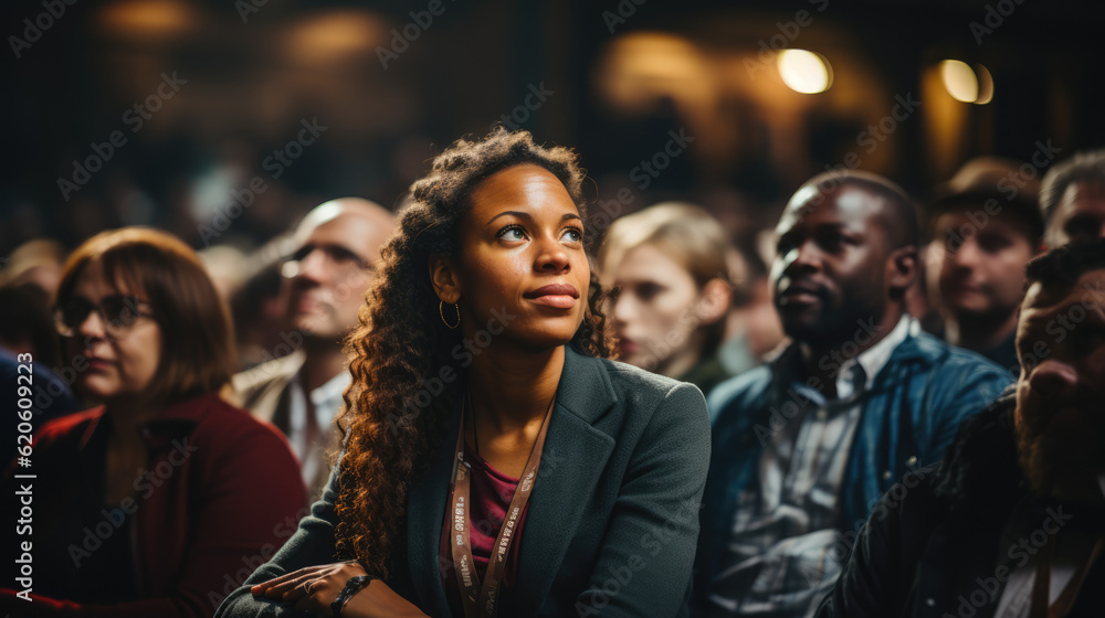 Confident Black Woman: Attentively Seated and Engaged in a Conference, Embracing Knowledge and Empowerment
