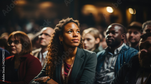 Confident Black Woman: Attentively Seated and Engaged in a Conference, Embracing Knowledge and Empowerment 