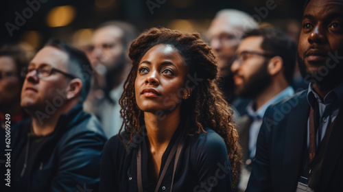 Confident Black Woman: Attentively Seated and Engaged in a Conference, Embracing Knowledge and Empowerment 