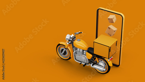 Delivery Courier service, online shopping, motorcycle with parcel box, 3d rendering