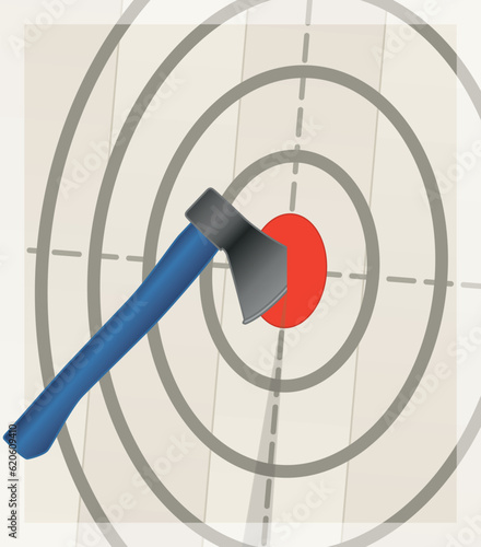 axe throwing, target at an angle with axe landing on bullseye of target